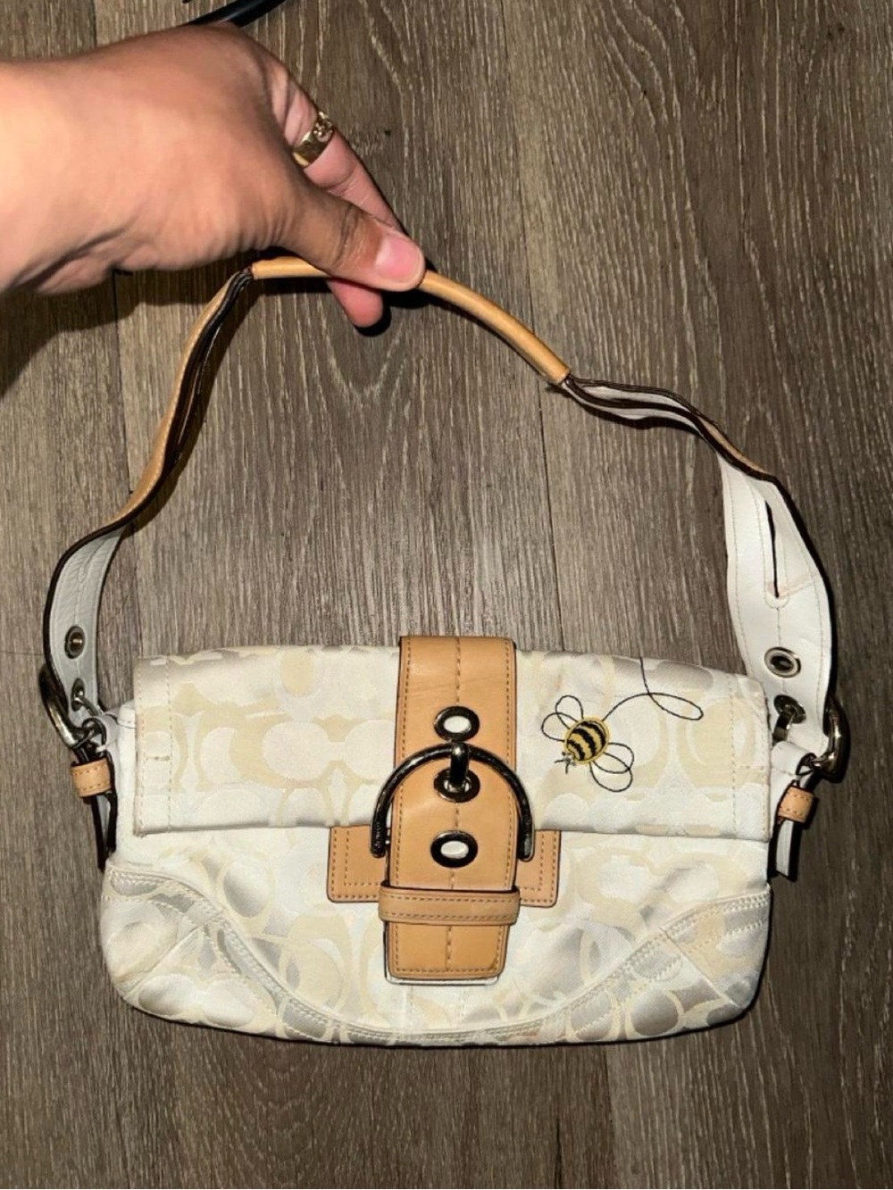Coach Cream Signature Canvas Bee Accent Shoulder Bag